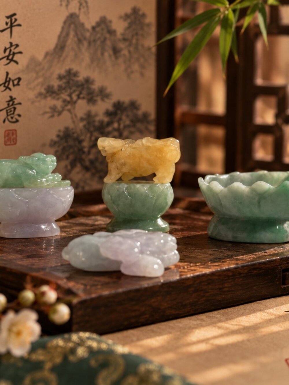 Vintage Carved Jade & Jadeite Figurine Set